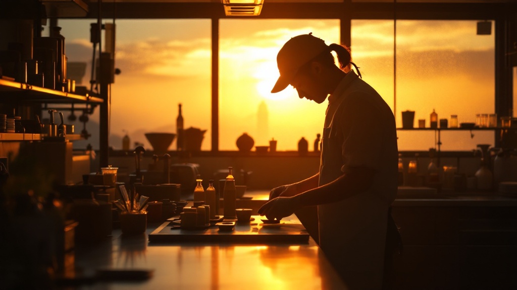 Silhouetted figure examining food product prototypes in a Japanese test kitchen at golden hour