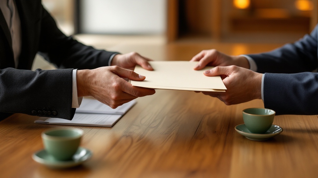 Two pairs of hands exchanging a document folder across a Japanese meeting table with tea cups
