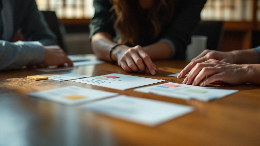 Hands arranging strategy cards and notes on a conference table with soft light from Japanese-style window screens
