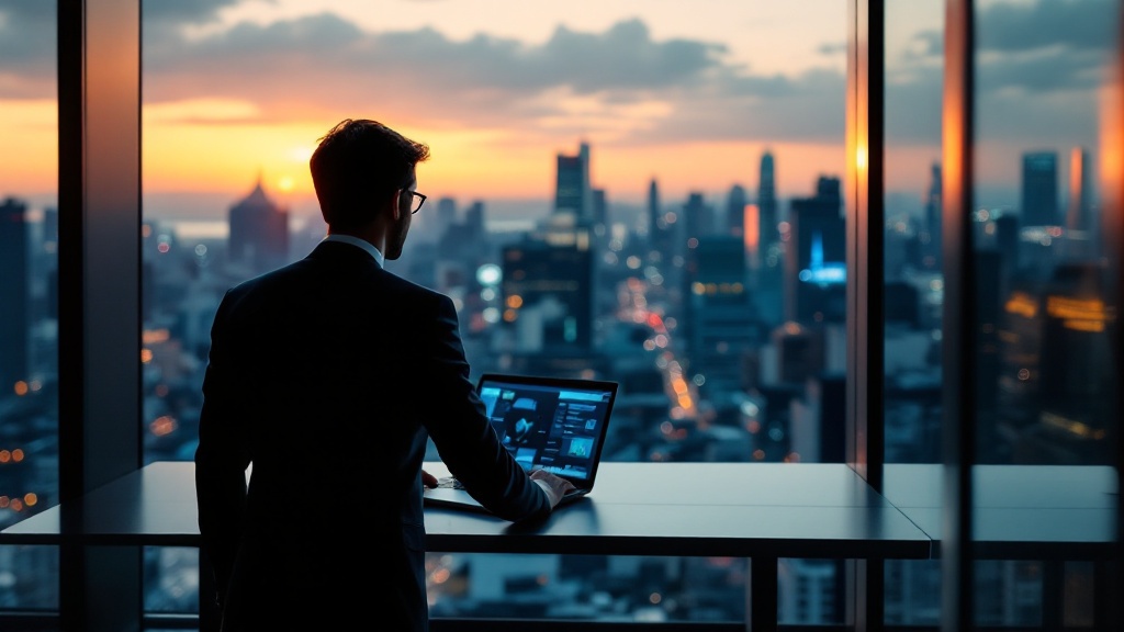 Silhouette of a professional at a standing desk overlooking Tokyo cityscape at golden hour