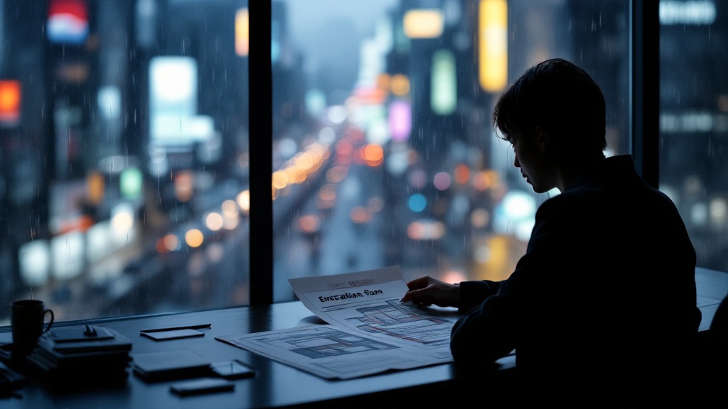Silhouette reviewing emergency evacuation plans at a desk with rainy Tokyo streetscape visible through window