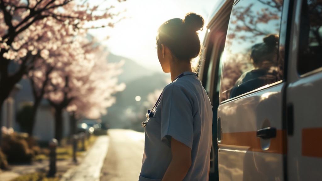 Silhouette of a nurse stepping out of a mobile clinic van in a quiet Japanese mountain town with cherry blossoms