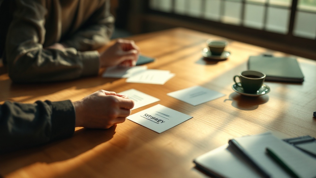 Hands arranging strategy cards on a Japanese wooden conference table in soft natural light