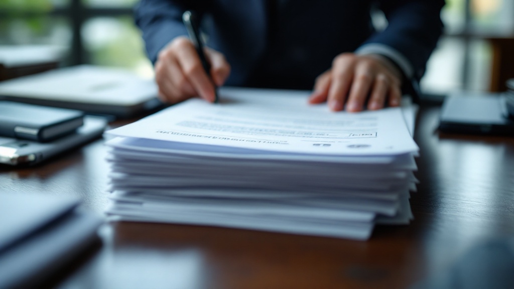 Hands reviewing Japanese government subsidy application documents on a wooden desk