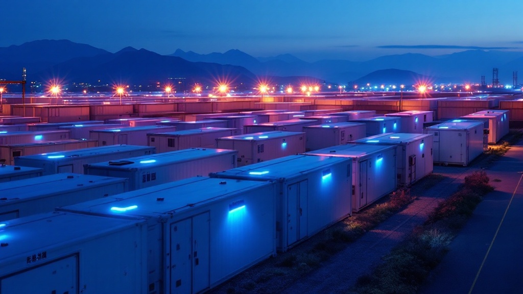 Large-scale battery energy storage units with blue LED lights in a Japanese industrial facility at twilight