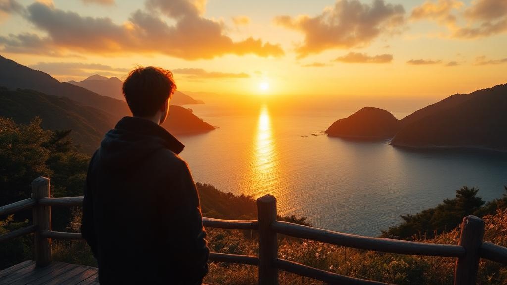 Silhouette of a person on a wooden observation deck overlooking a coastal Japanese landscape at sunset