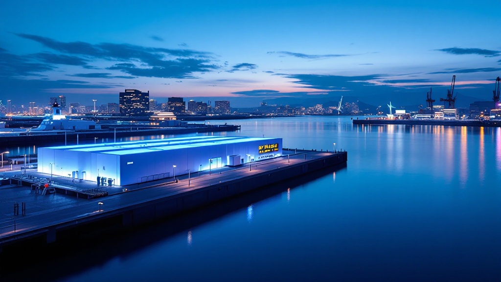 Japanese waterfront cityscape at dusk with illuminated hydrogen energy infrastructure