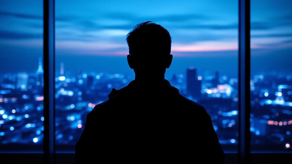 Silhouette of an engineer looking through windows at a satellite integration cleanroom facility at twilight