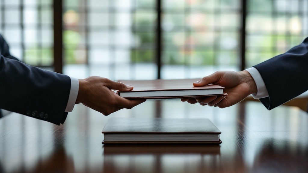 Close-up of hands exchanging a report folder across a walnut table in a Japanese room with shoji screen diffused light