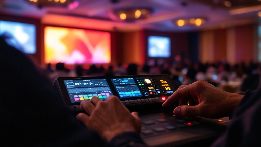 Technician's hands adjusting a digital audio mixer during a corporate conference in a Japanese hotel ballroom