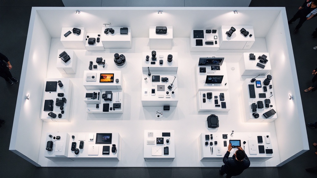 Overhead view of a meticulously arranged compact exhibition booth with clean white surfaces and accent lighting