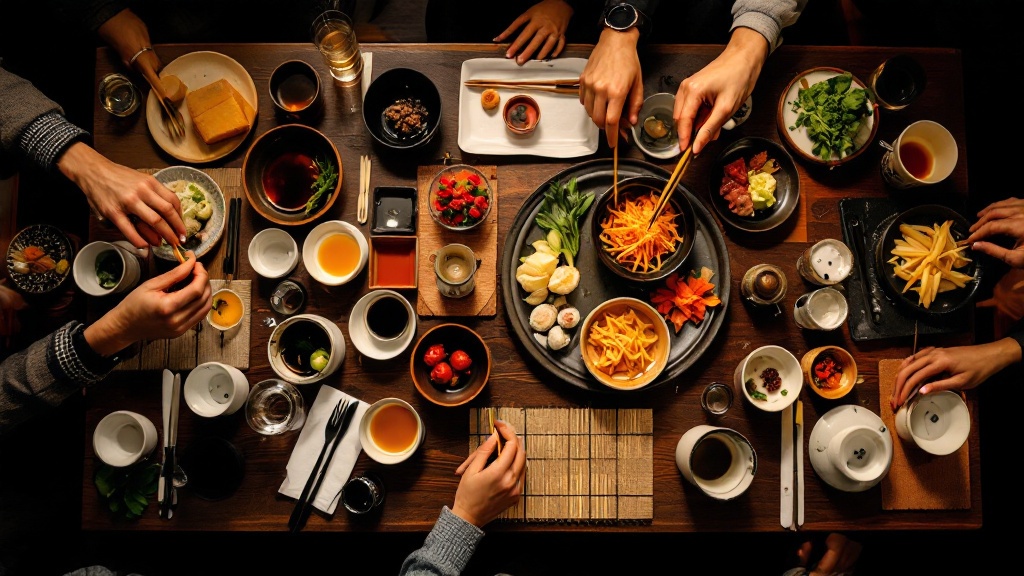 Overhead view of an elegant Japanese business dinner table with sake cups, ceramic dishes, and seasonal garnishes