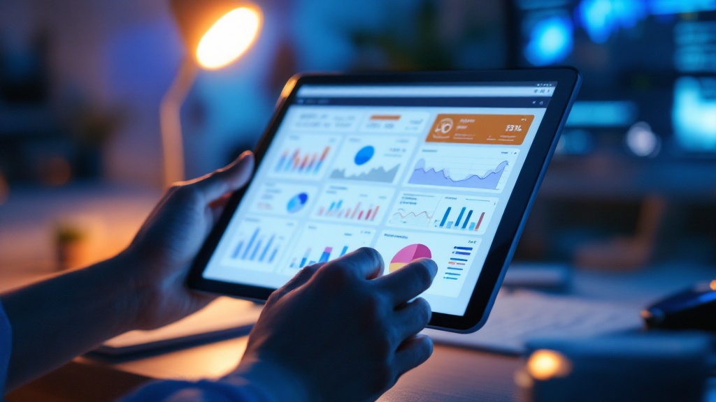 Care worker's hands holding a tablet with abstract health data visualizations in a monitoring station