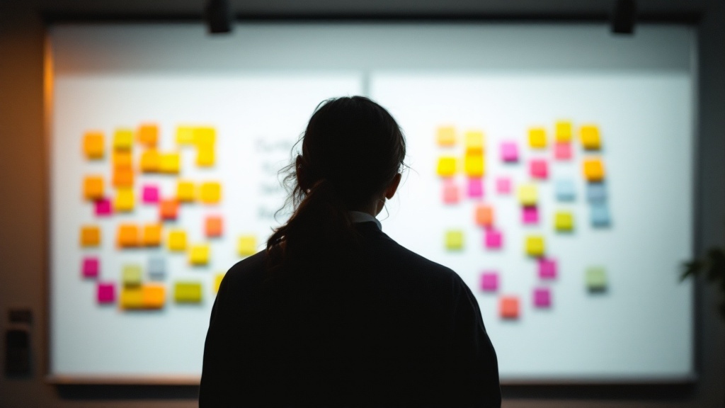 Silhouette reviewing a two-column decision framework on a whiteboard in a Tokyo coworking space