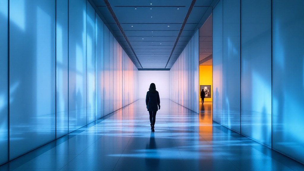 Silhouette walking through a contemporary Tokyo art gallery with geometric light and shadow patterns