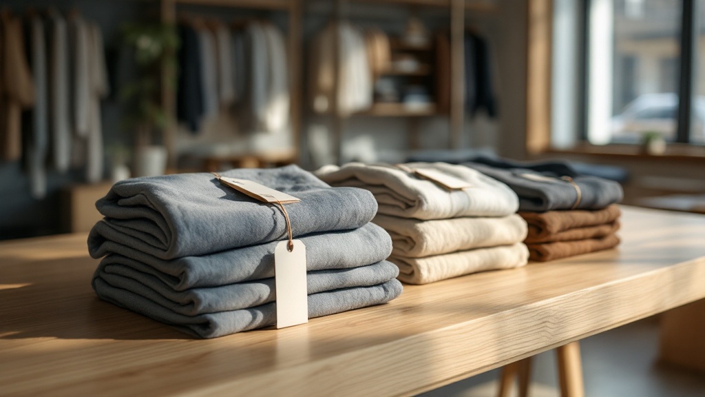 Recycled polyester garments with certification tags displayed on a wooden table in a Japanese showroom