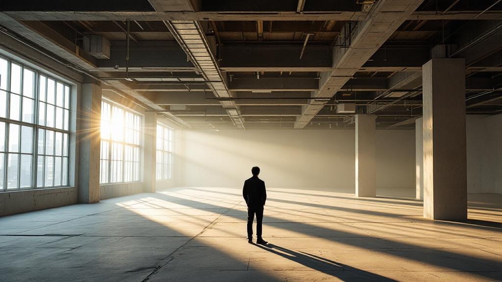 Silhouette of a person surveying an empty retail space under construction with sunlight streaming through large windows