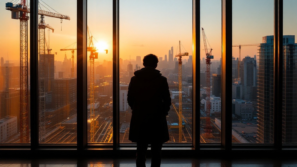 Silhouette looking through high-rise windows at a Tokyo construction site during golden hour