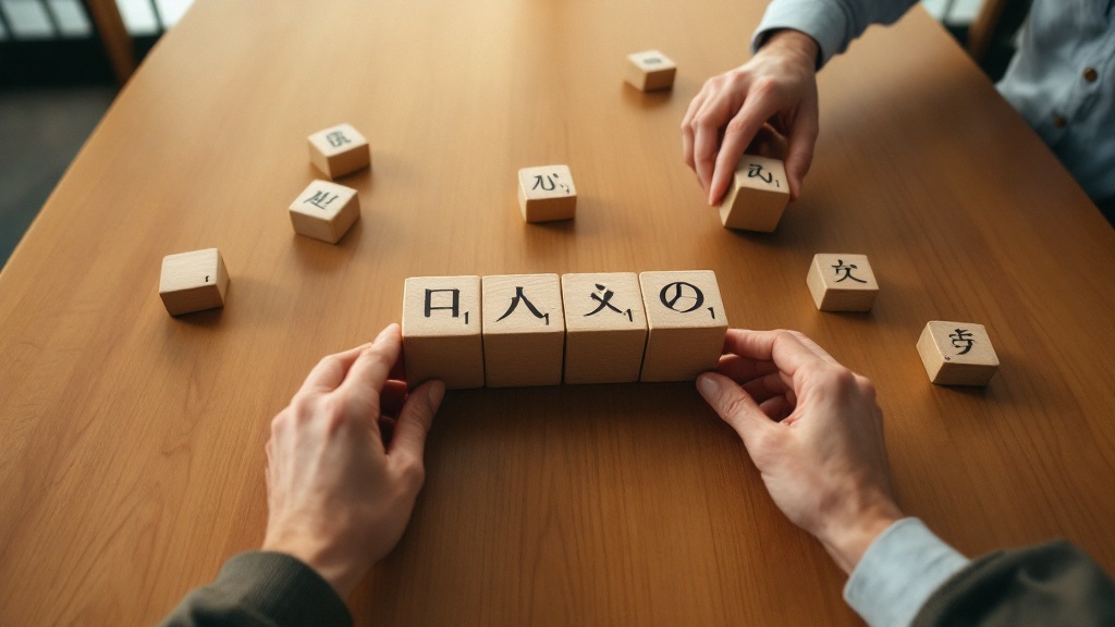 Hands arranging wooden strategy blocks on conference table with Japanese-inspired partition panels in background