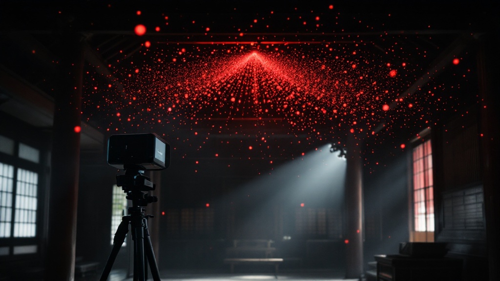 A LiDAR scanner on a tripod captures point-cloud data inside an ornate Japanese temple hall