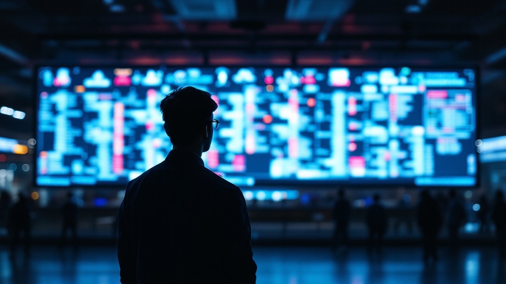 Silhouette of an operations coordinator reviewing a digital scheduling display inside a Japanese sports arena