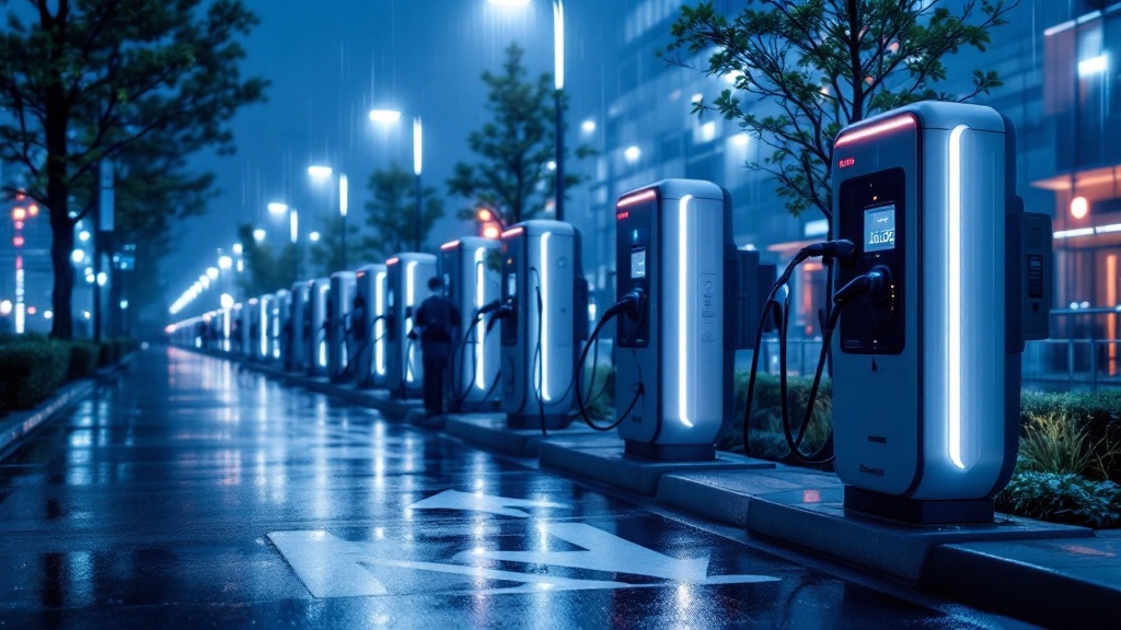 Row of electric vehicle charging stations with connectors at a modern Tokyo charging hub during blue hour with wet reflections