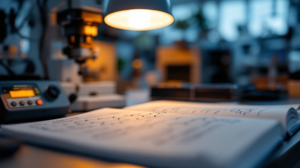 Laboratory notebook with molecular diagrams beside automated compound screening equipment
