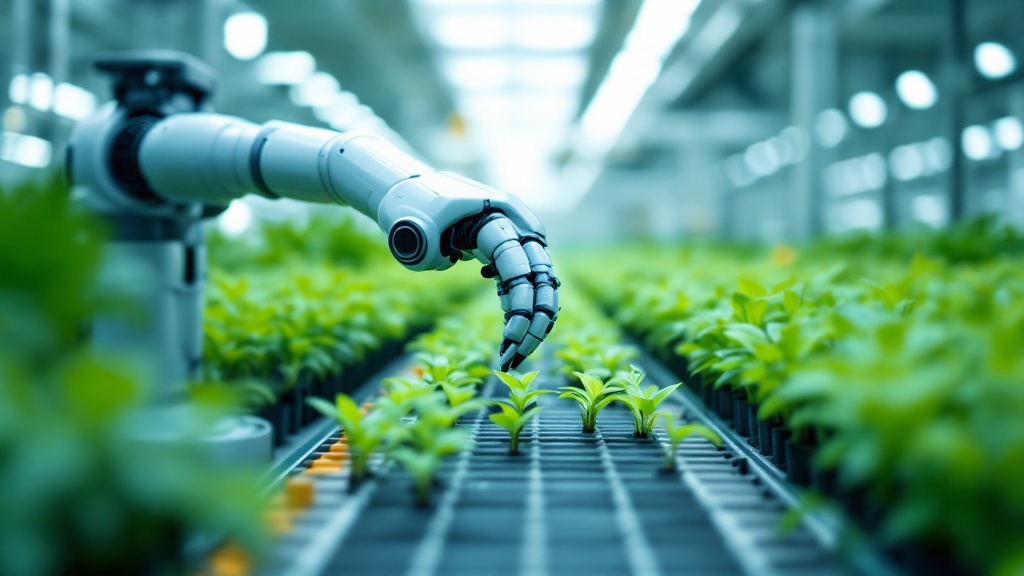 Robotic arm inspecting plant seedlings inside a modern Japanese greenhouse facility