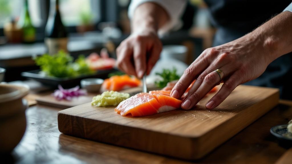 Japanese chef's hands arranging fresh seasonal sashimi on a cedar board in a traditional restaurant