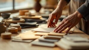 Hands arranging aromatic wood and fabric texture samples on a minimalist table in warm natural light