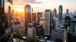 Aerial golden hour view of Tokyo Marunouchi district showing modern glass towers alongside traditional corporate buildings