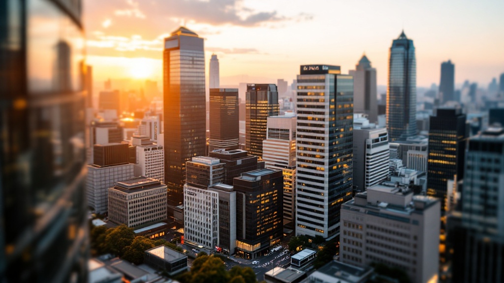 Aerial golden hour view of Tokyo Marunouchi district showing modern glass towers alongside traditional corporate buildings