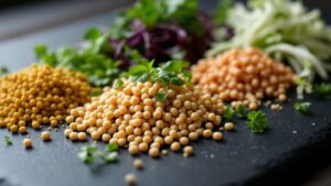 Plant-based protein ingredients including soybeans and seaweed arranged on a dark surface in a Japanese test kitchen