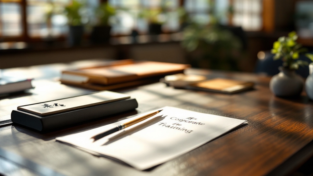 Japanese calligraphy brush and ink stone beside a modern corporate training binder on a walnut desk with shoji screen light