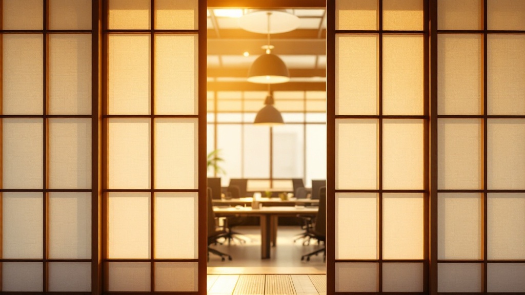 Japanese shoji screen opening to reveal a modern Tokyo office, blending traditional and contemporary design