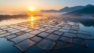 Aerial view of Japanese coastal fish farming pens at sunset with mountains in the background