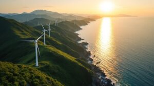 Wind turbines along a green Japanese coastline bathed in golden hour light with ocean and mountains in the background