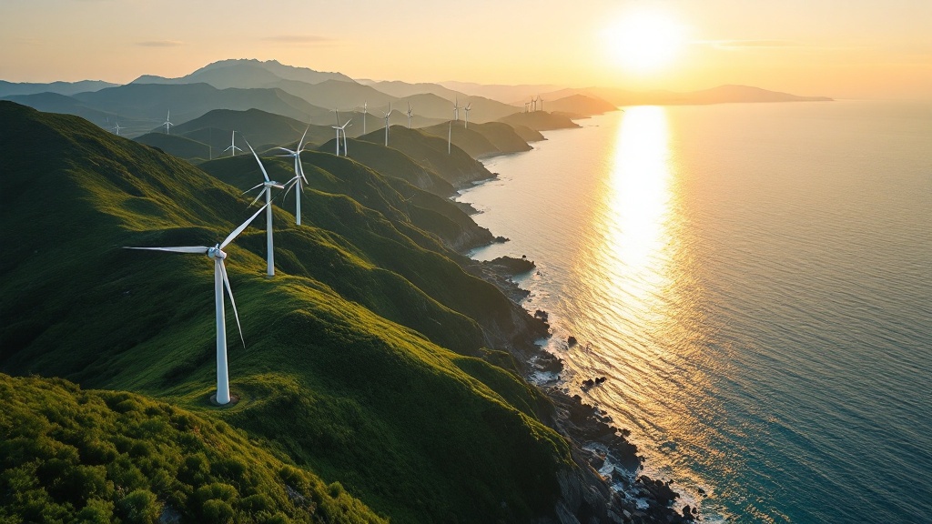 Wind turbines along a green Japanese coastline bathed in golden hour light with ocean and mountains in the background