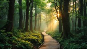 Misty forest trail with wooden boardwalk winding through ancient cedar trees in rural Japan