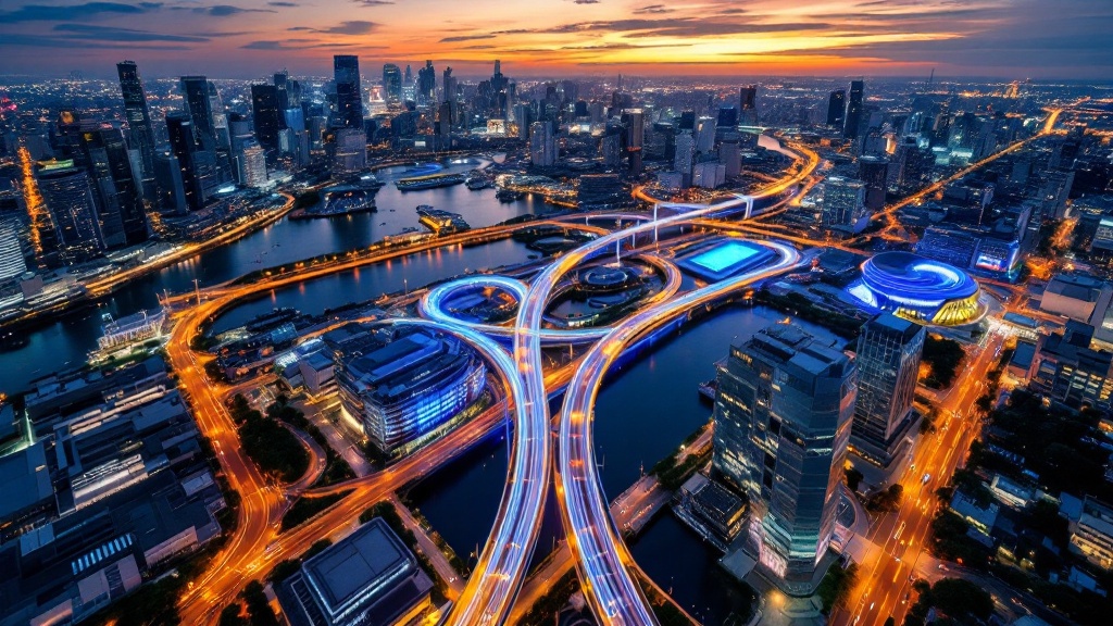 Twilight aerial view of Tokyo's Odaiba district with smart city infrastructure lighting