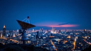 Tokyo cityscape at twilight with satellite dish array in the foreground against an indigo sky