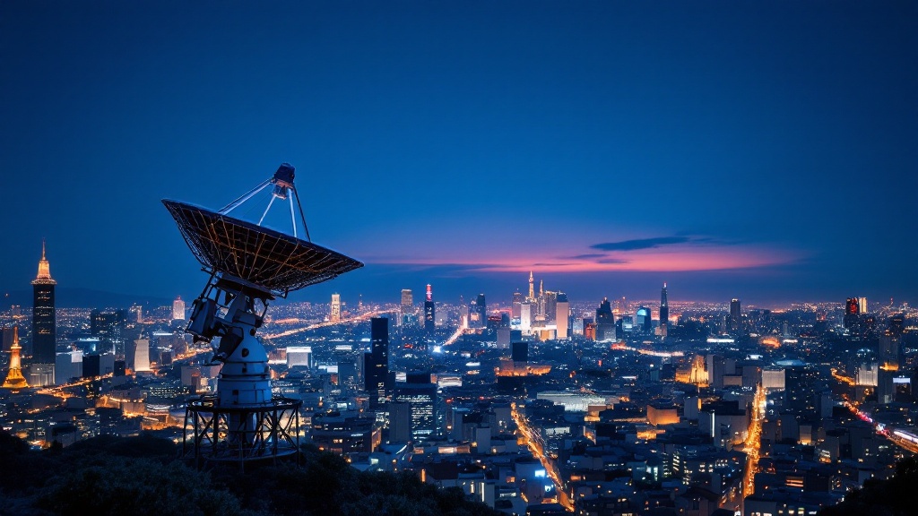 Tokyo cityscape at twilight with satellite dish array in the foreground against an indigo sky