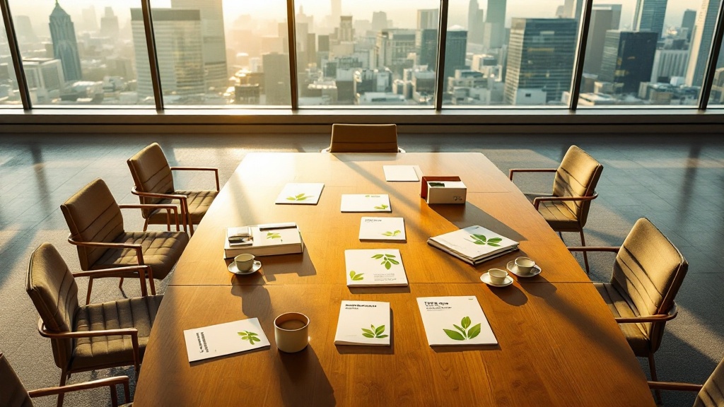 Overhead view of sustainability reports on a minimalist conference table with Tokyo skyline visible through windows