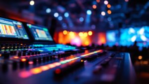 Audio-visual mixing console with illuminated faders in a darkened Tokyo event hall