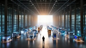 Expansive technology exhibition hall in Tokyo with illuminated booths and morning light through glass walls