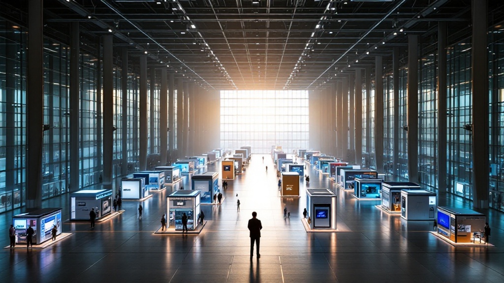 Expansive technology exhibition hall in Tokyo with illuminated booths and morning light through glass walls