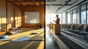 Split view of two contrasting corporate training environments in a Tokyo office building