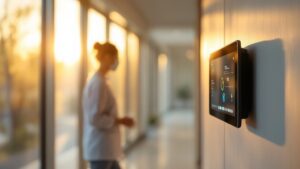 Sunlit corridor of a modern Japanese care facility with a wall-mounted monitoring tablet and blurred caregiver silhouette