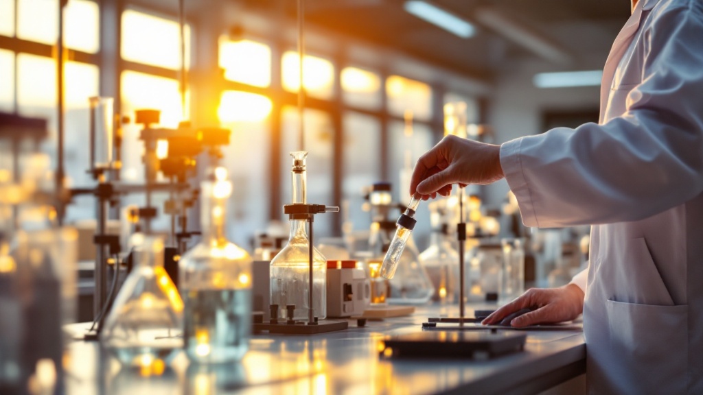 Sunlit Japanese research laboratory with precision instruments on a clean bench and a gloved hand adjusting equipment