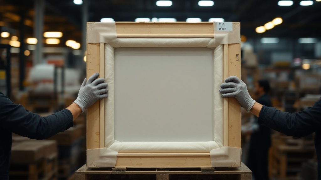 Gloved hands carefully packing a framed artwork into a wooden shipping crate in a Tokyo warehouse